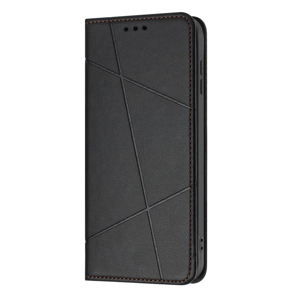 For iPhone 17 Wallet Case Line Imprinted Leather Stand Phone Cover with Wrist Strap - Black - 6