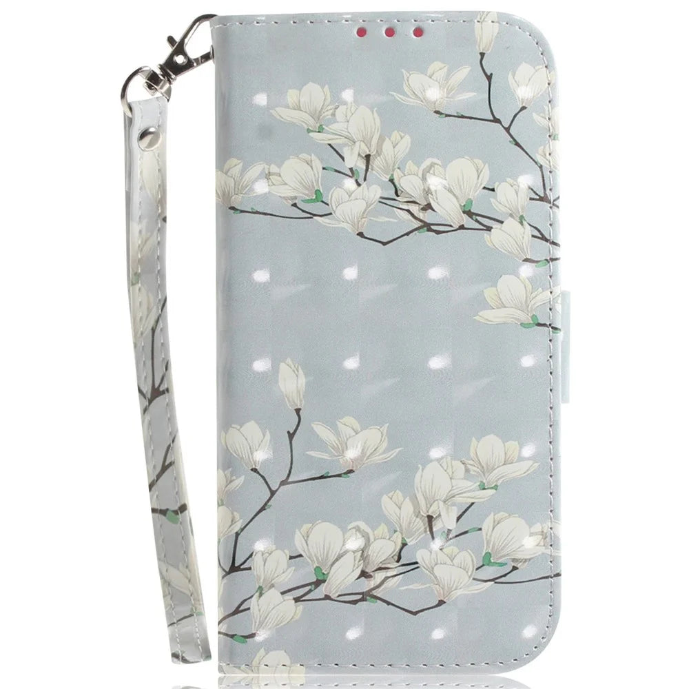 For Samsung Galaxy S25 FE Case Pattern Printing Leather Wallet Phone Cover with Wrist Strap - Magnolia - 6