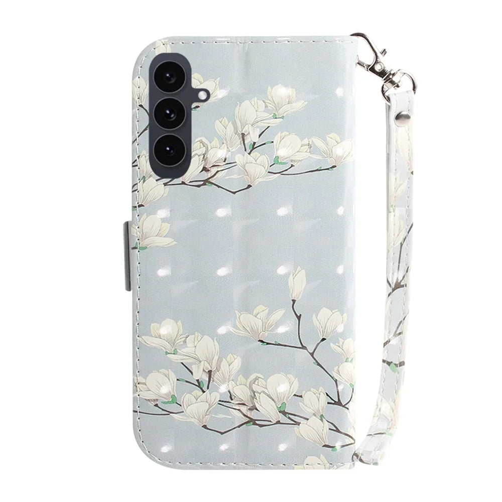 For Samsung Galaxy S25 FE Case Pattern Printing Leather Wallet Phone Cover with Wrist Strap - Magnolia - 7