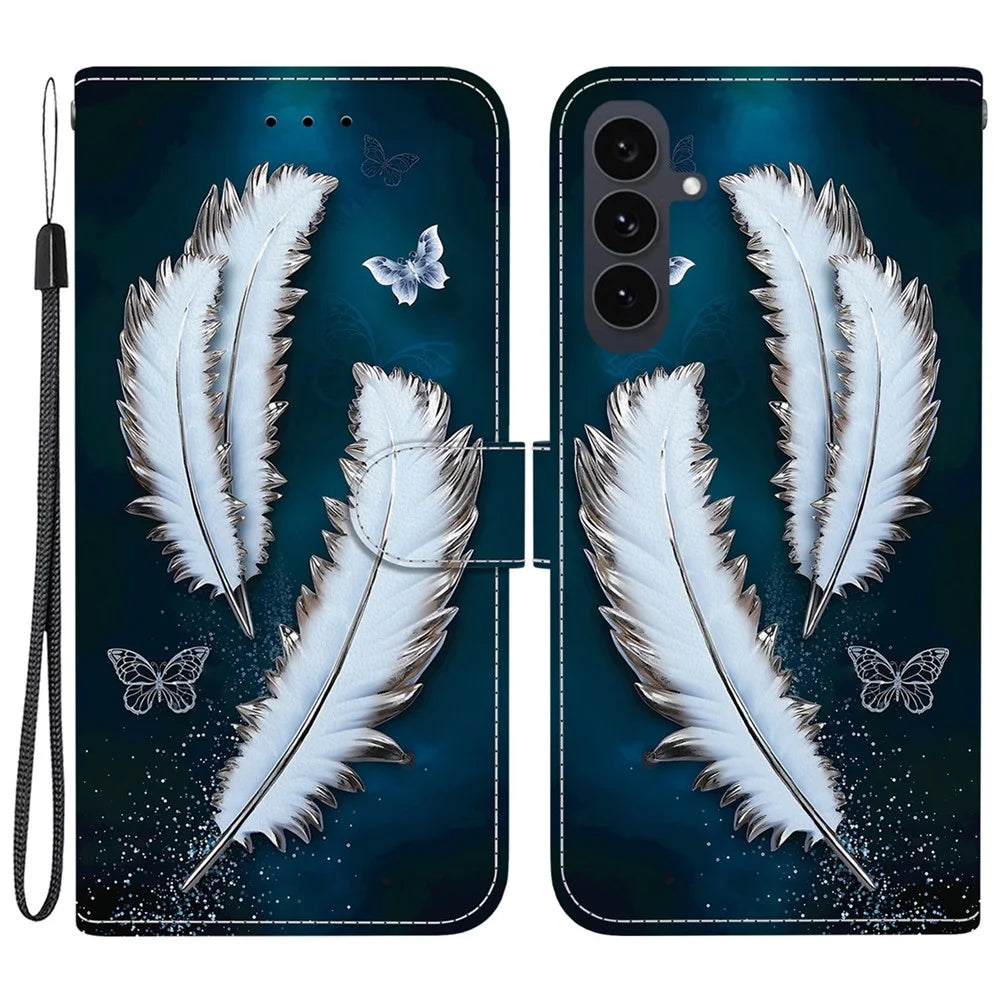 For Samsung Galaxy S25 FE Case Pattern Printing Leather Flip Wallet Phone Cover with Lanyard - White Butterfly Feather - 1