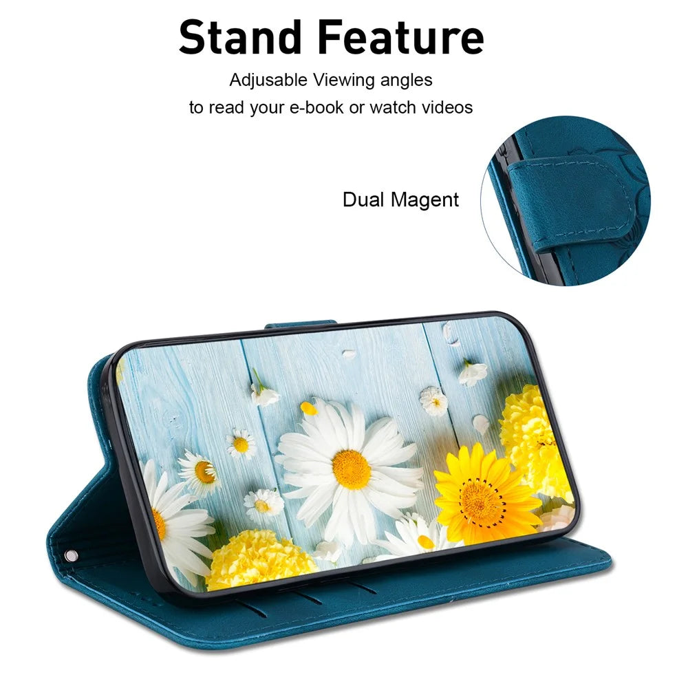For Samsung Galaxy S25 FE Stand Case Lily Flower Imprint Leather Phone Cover with Wrist Strap - Dark Blue - 3