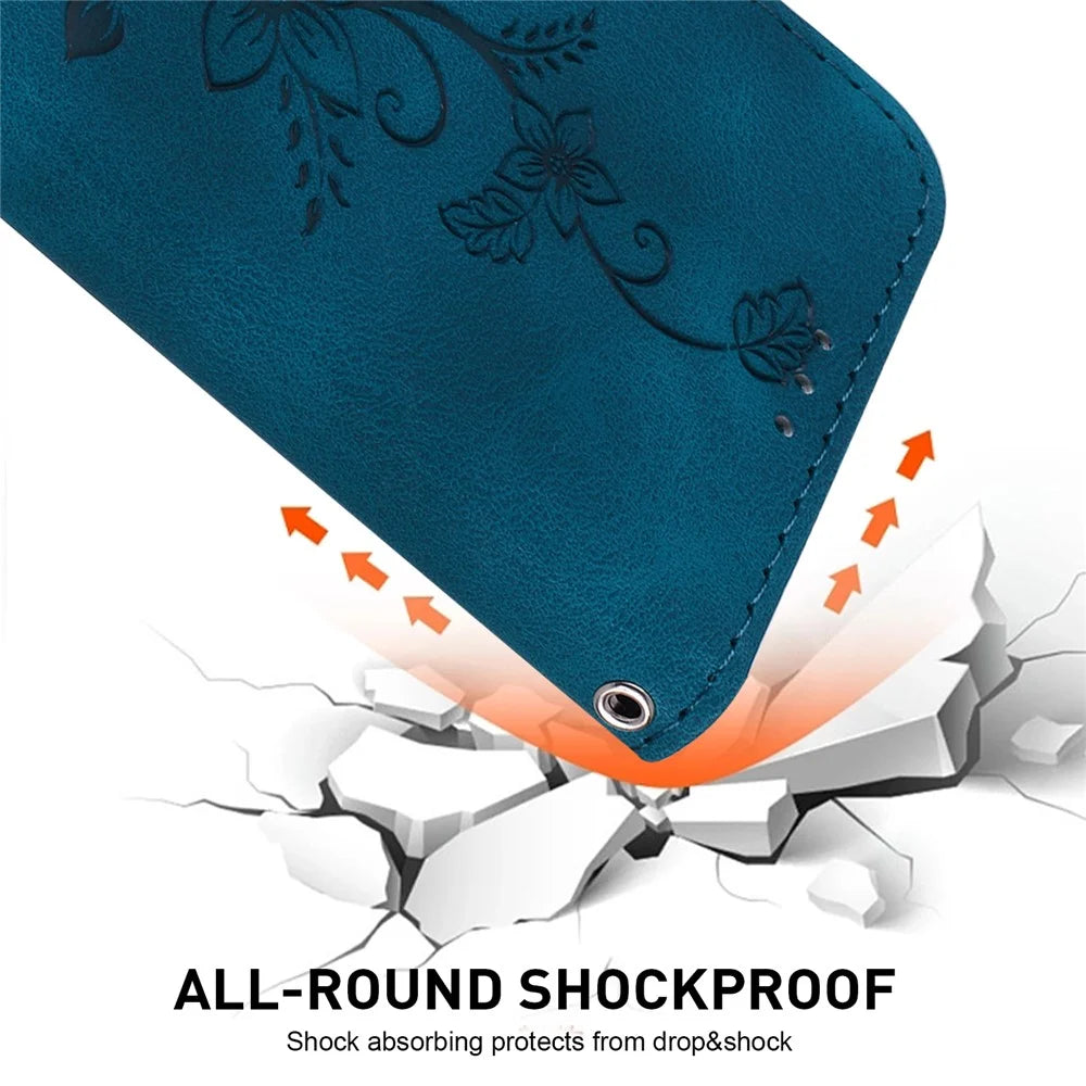 For Samsung Galaxy S25 FE Stand Case Lily Flower Imprint Leather Phone Cover with Wrist Strap - Dark Blue - 4