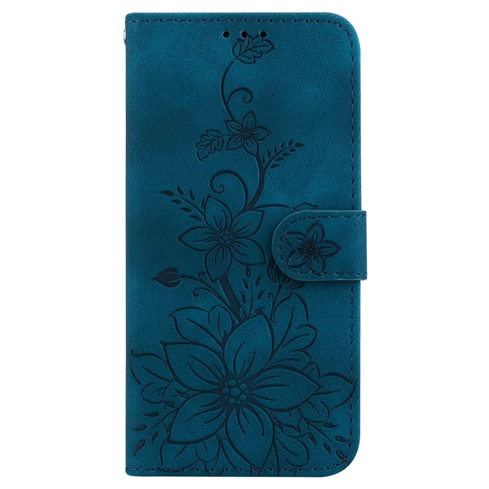 For Samsung Galaxy S25 FE Stand Case Lily Flower Imprint Leather Phone Cover with Wrist Strap - Dark Blue - 6