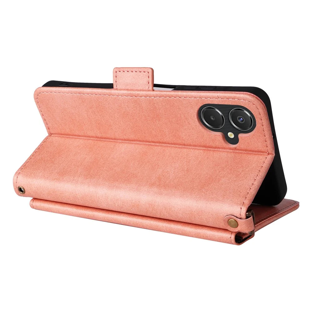 For Samsung Galaxy A08 5G / A08 4G / A07 5G / A07 4G Leather Case Magnetic Closure Wallet Stand Phone Cover with Crossbody Strap - Pink - 4