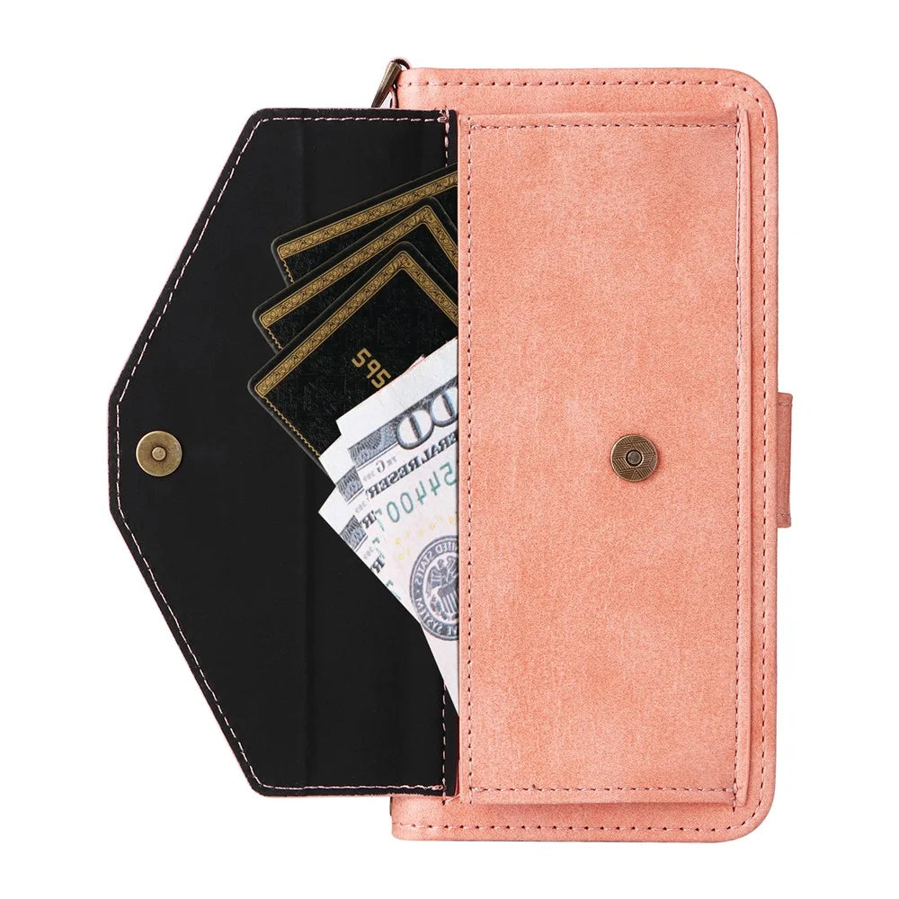 For Samsung Galaxy A08 5G / A08 4G / A07 5G / A07 4G Leather Case Magnetic Closure Wallet Stand Phone Cover with Crossbody Strap - Pink - 6