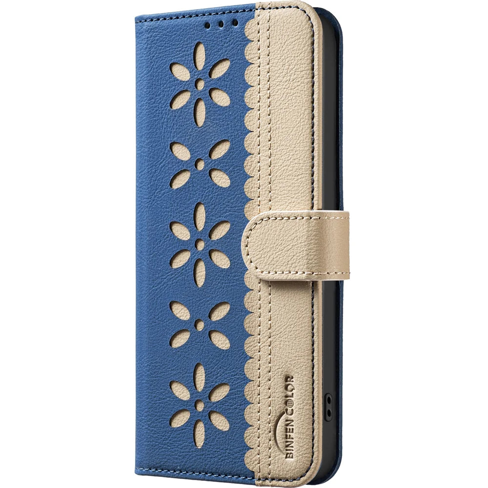 BINFEN COLOR For TECNO Spark 40 Pro 4G Leather Case  BF36 Floral Pattern Phone Cover RFID Blocking Wallet Stand - Dark Blue - 2