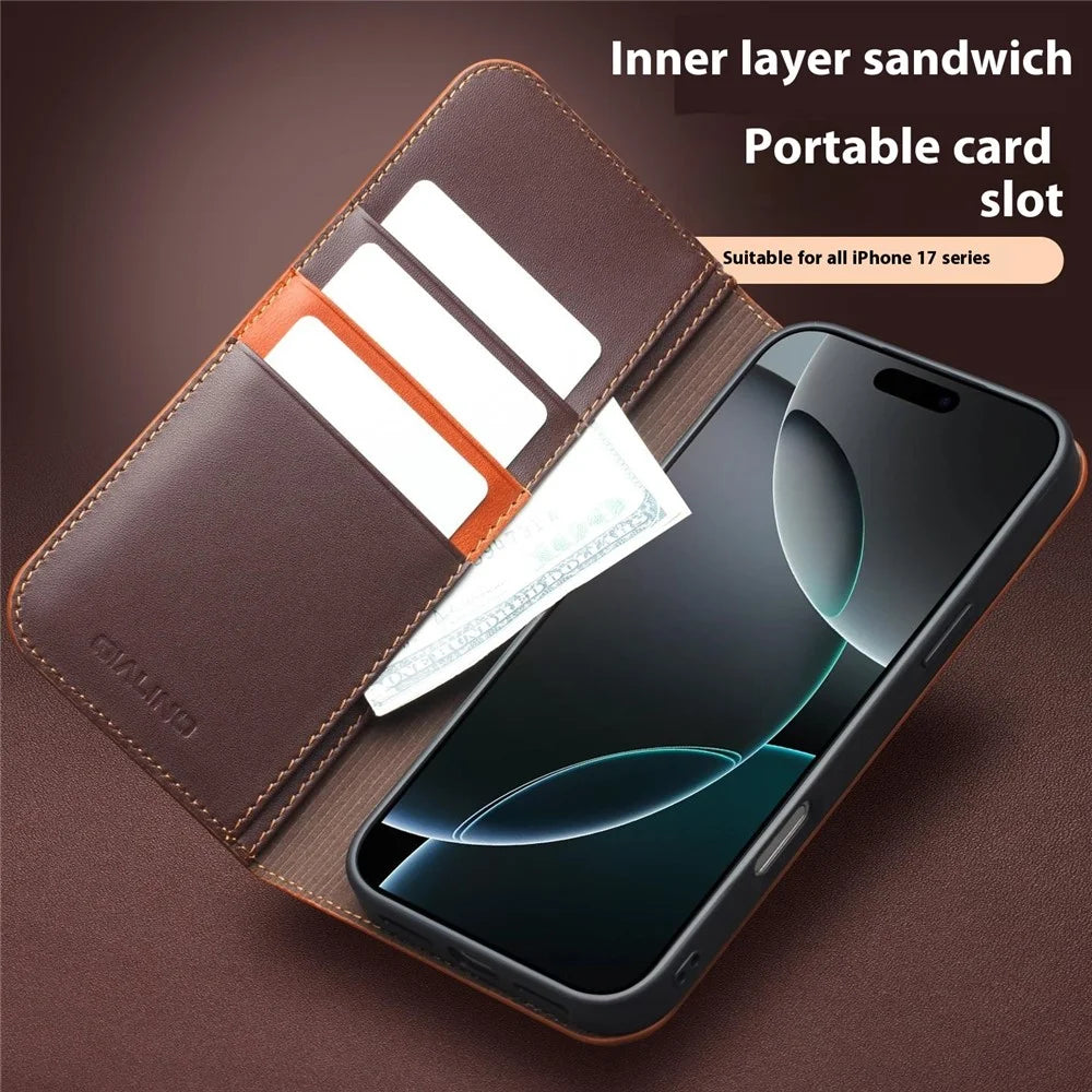QIALINO For iPhone Air Wallet Case Stand Genuine Cow Leather Flip Phone Cover - Brown - 3