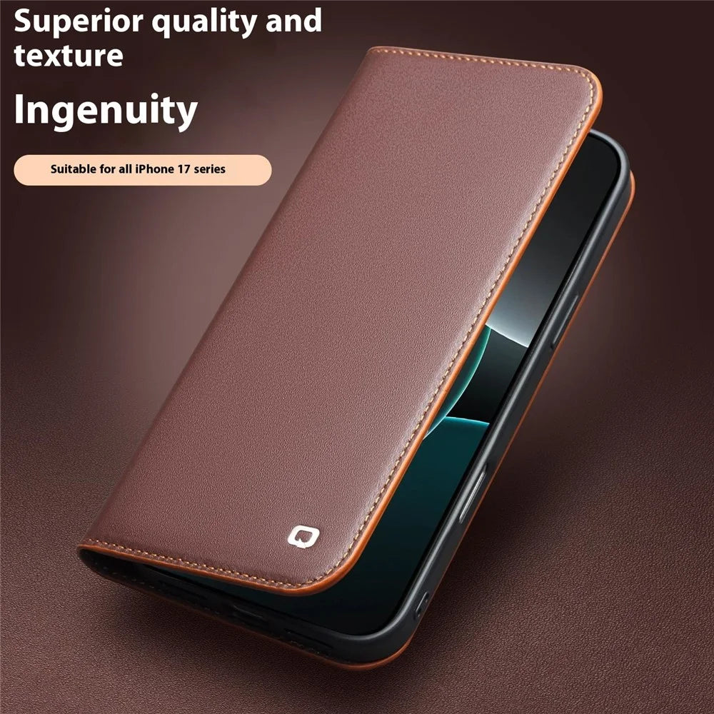QIALINO For iPhone 17 Wallet Case Stand Genuine Cow Leather Flip Phone Cover - Brown - 2