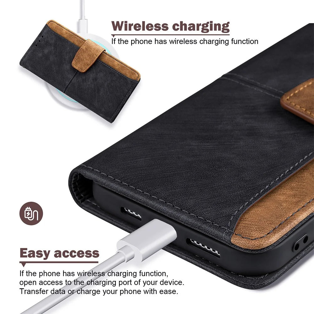 For Samsung Galaxy A05 4G Case RFID Blocking Color Splicing PU Leather Wallet Phone Cover - Black - 6
