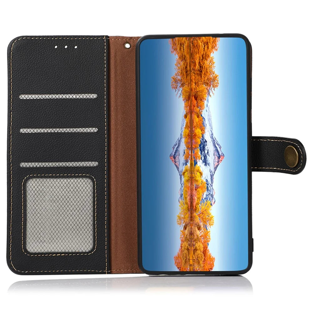 KHAZNEH for OnePlus Nord 5 5G / Ace 5 Ultra 5G Case Genuine Cow Leather RFID Blocking Wallet Phone Cover - Black - 4