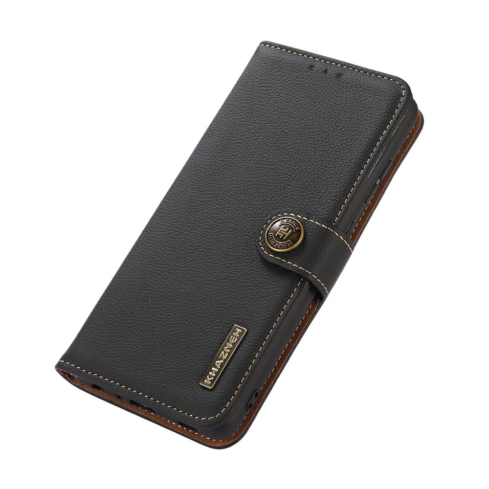 KHAZNEH for OnePlus Nord 5 5G / Ace 5 Ultra 5G Case Genuine Cow Leather RFID Blocking Wallet Phone Cover - Black - 5