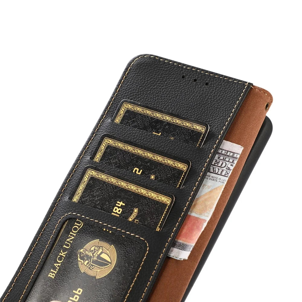 KHAZNEH for OnePlus Nord 5 5G / Ace 5 Ultra 5G Case Genuine Cow Leather RFID Blocking Wallet Phone Cover - Black - 6