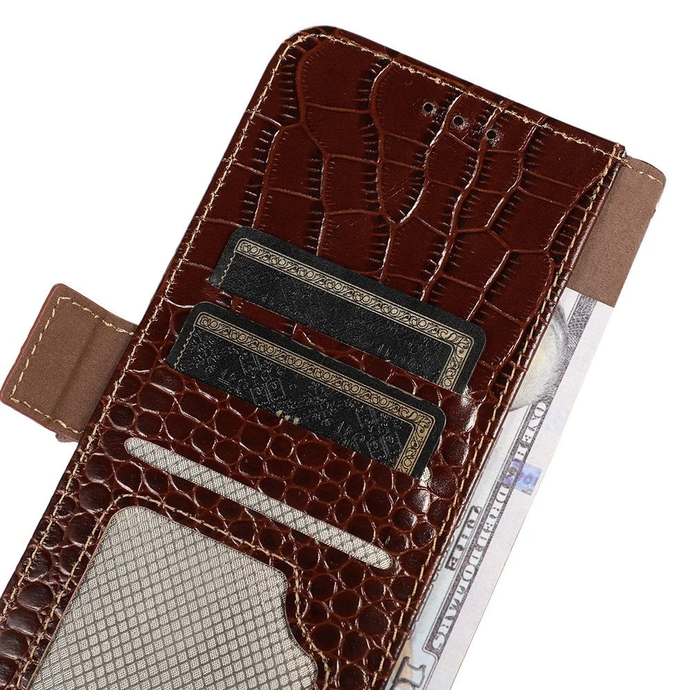 For OnePlus Nord CE5 5G / Ace 5 Racing 5G Case RFID Blocking Wallet Crocodile Texture Genuine Cow Leather Phone Cover - Brown - 6