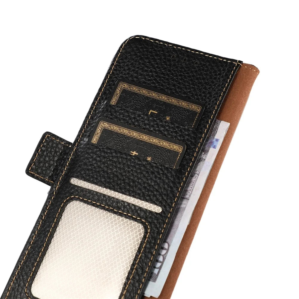 KHAZNEH for OnePlus Nord CE5 5G / Ace 5 Racing 5G Phone Case Genuine Cow Leather Cover RFID Blocking - Black - 5