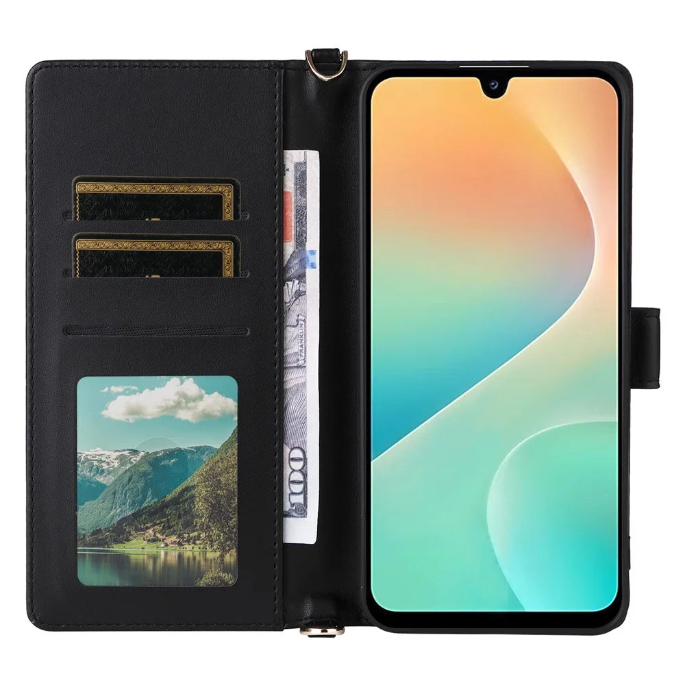 For Samsung Galaxy M36 5G Case with Shoulder / Wrist Strap Leather Phone Cover Stand Wallet - Black - 3