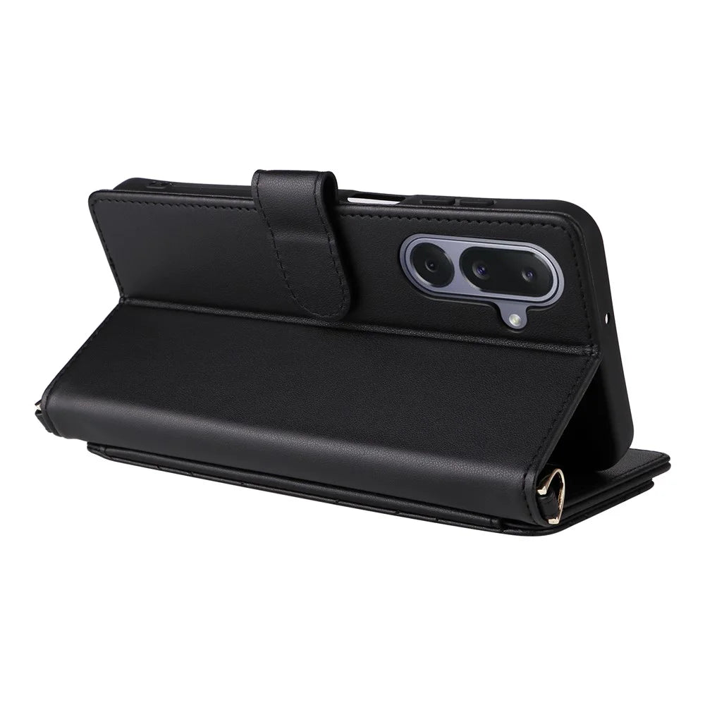 For Samsung Galaxy M36 5G Case with Shoulder / Wrist Strap Leather Phone Cover Stand Wallet - Black - 6