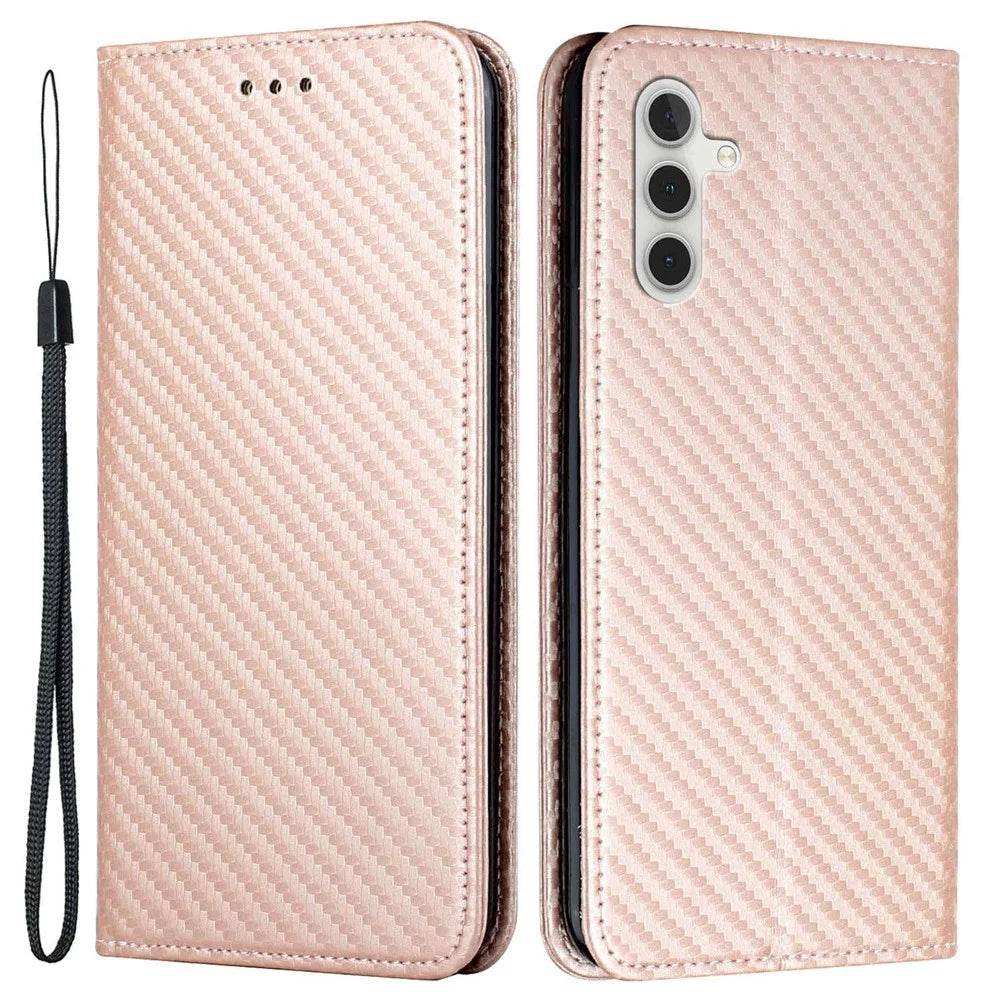 For Samsung Galaxy A14 5G / 4G Carbon Fiber Texture PU Leather Wallet Case Stand Phone Cover with Wrist Strap - Rose Gold - 1