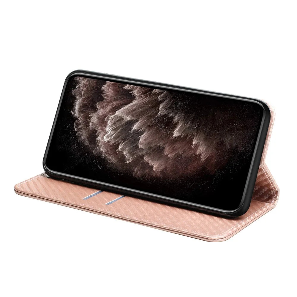 For Samsung Galaxy A14 5G / 4G Carbon Fiber Texture PU Leather Wallet Case Stand Phone Cover with Wrist Strap - Rose Gold - 3