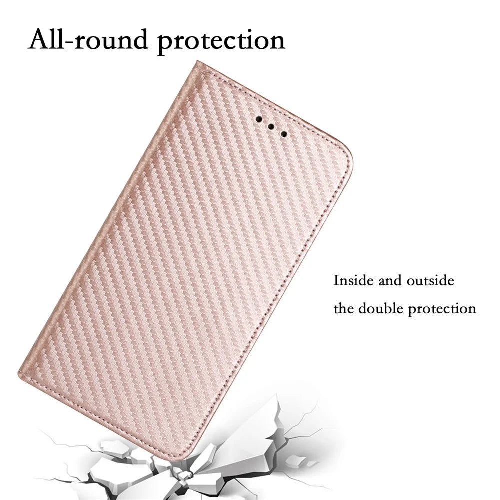 For Samsung Galaxy A14 5G / 4G Carbon Fiber Texture PU Leather Wallet Case Stand Phone Cover with Wrist Strap - Rose Gold - 5