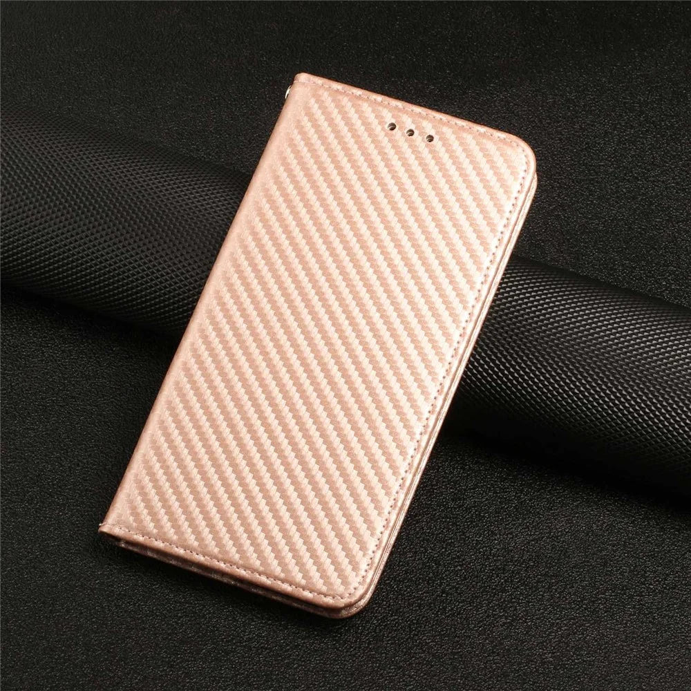 For Samsung Galaxy A14 5G / 4G Carbon Fiber Texture PU Leather Wallet Case Stand Phone Cover with Wrist Strap - Rose Gold - 6