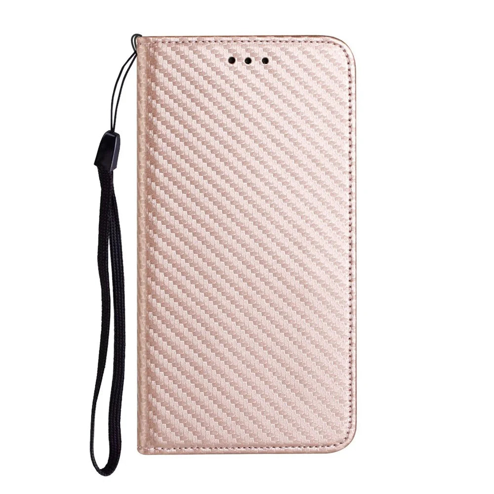 For Samsung Galaxy A14 5G / 4G Carbon Fiber Texture PU Leather Wallet Case Stand Phone Cover with Wrist Strap - Rose Gold - 7