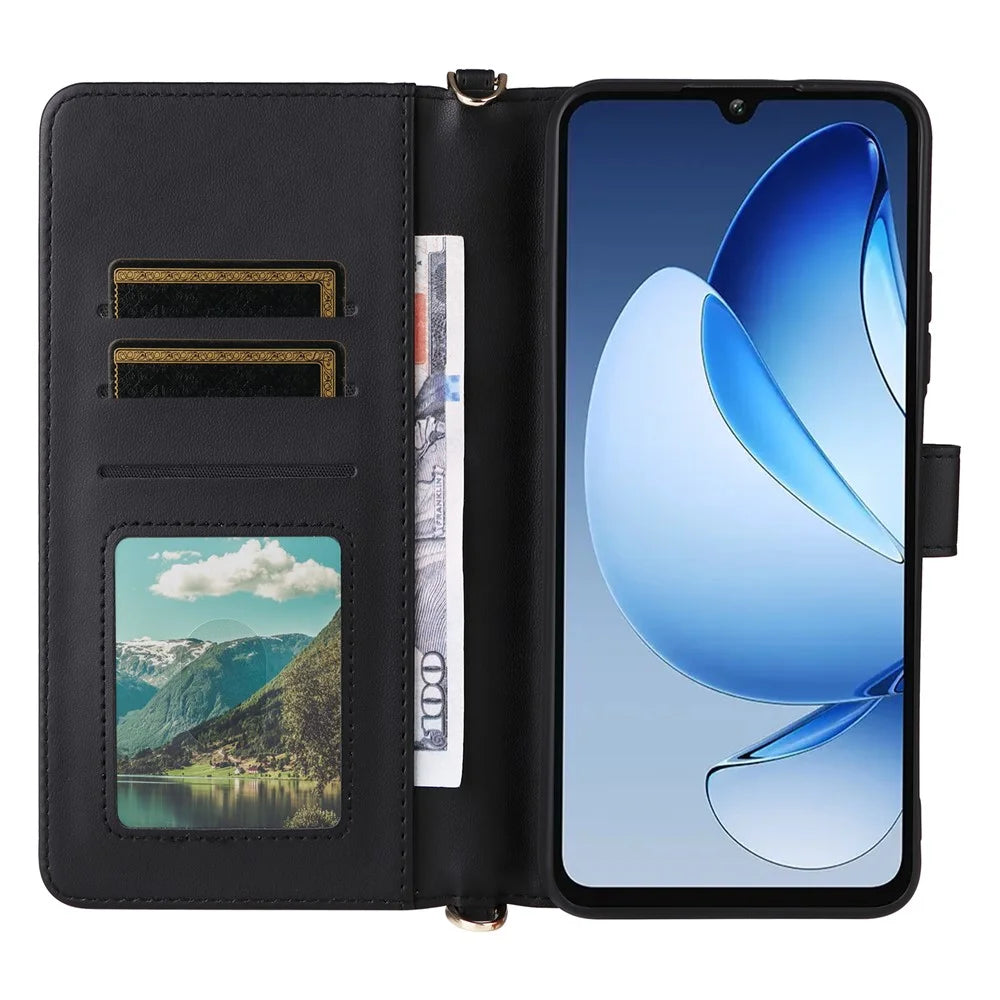 For Oukitel C60 / C60 Pro Case with Shoulder / Wrist Strap Leather Phone Cover Stand Wallet - Black - 3