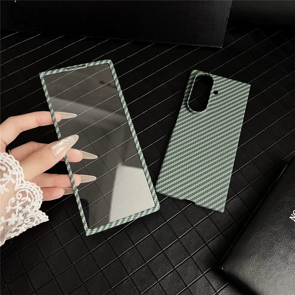 For Samsung Galaxy Z Fold7 5G Magnetic Case Carbon Fiber Texture PC Phone Cover with Screen Protector - Green - 4