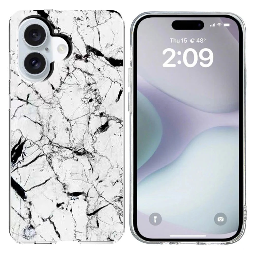 For iPhone 16 Plus Case Marble Pattern Printing Soft TPU Phone Cover - White - 1