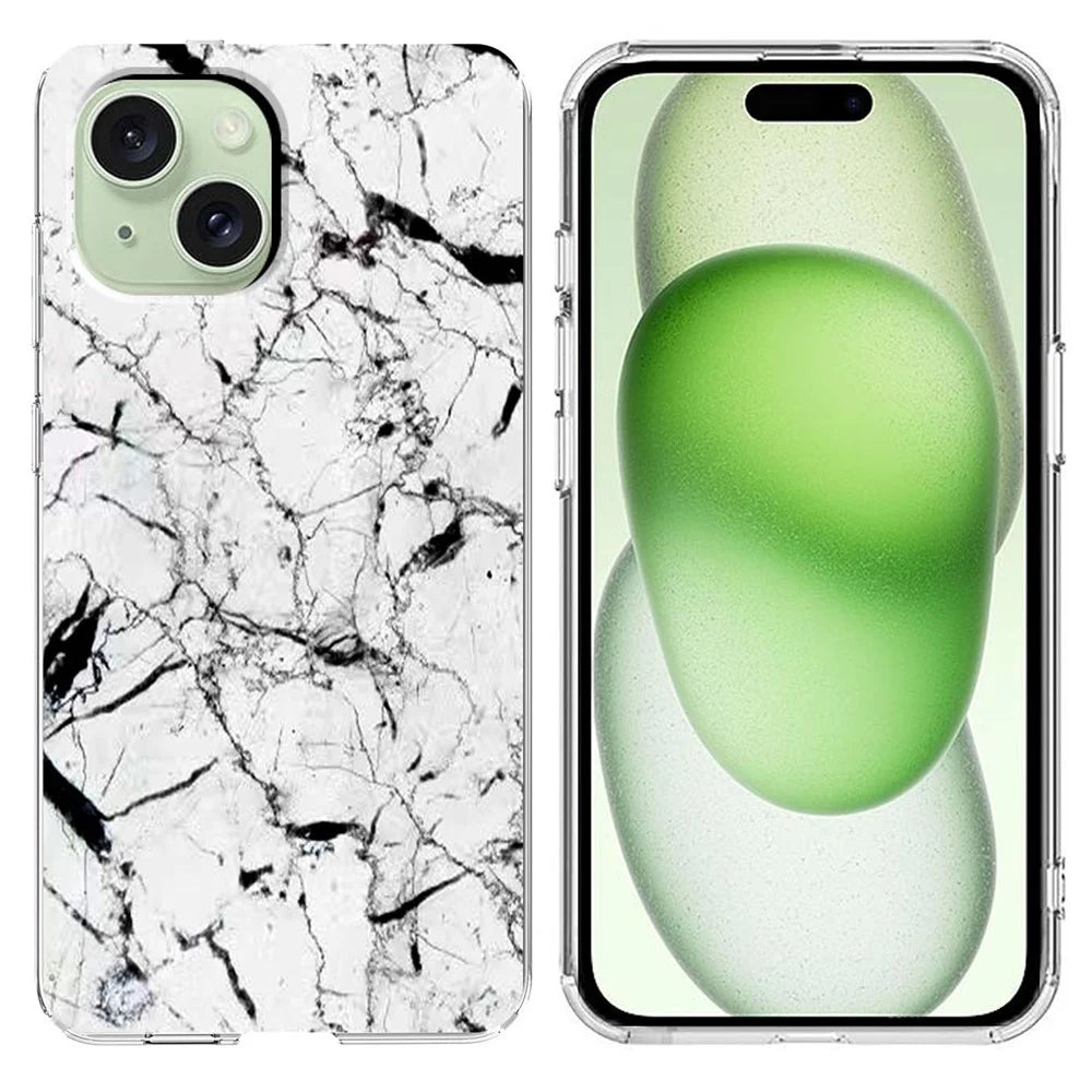 For iPhone 15 Case Marble Pattern Printing Soft TPU Phone Cover - White - 1