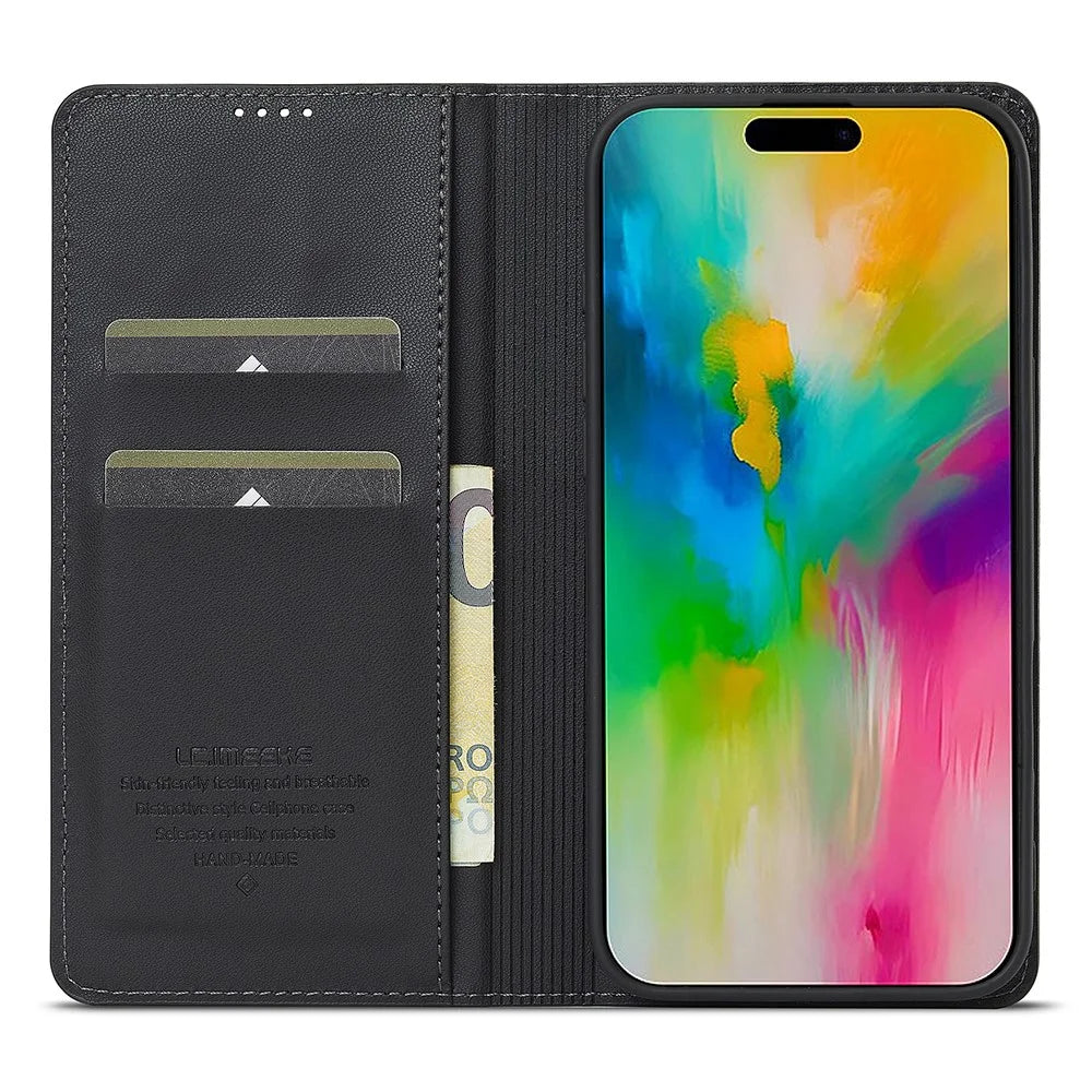 LC.IMEEKE L1 Series for iPhone 17 Case PU Leather Wallet Stand Protective Phone Cover - Black - 2