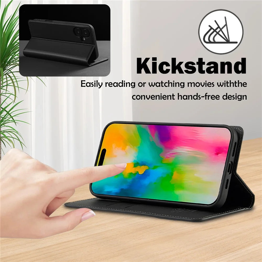LC.IMEEKE L1 Series for iPhone 17 Case PU Leather Wallet Stand Protective Phone Cover - Black - 6