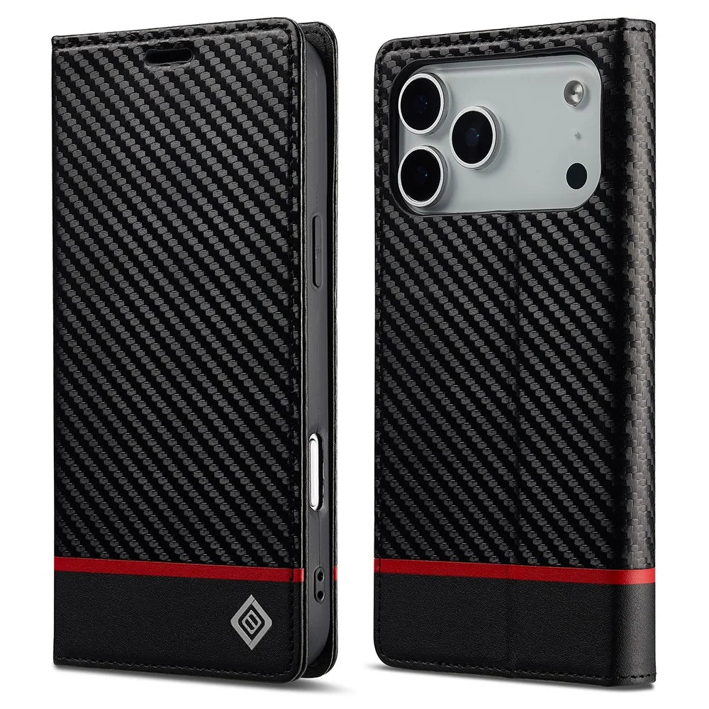 LC.IMEEKE For iPhone 18 Pro / 17 Pro Wallet Case Carbon Fiber Texture Leather Phone Cover - Horizontal Stripe - 1