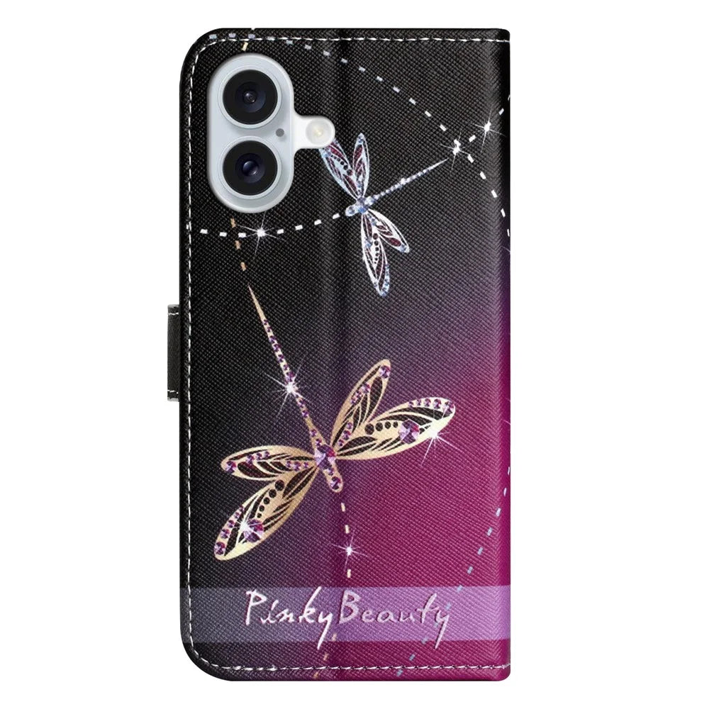 For iPhone 17 Case Pattern Print PU Leather Wallet Phone Cover Cross Texture - Dragonfly - 5