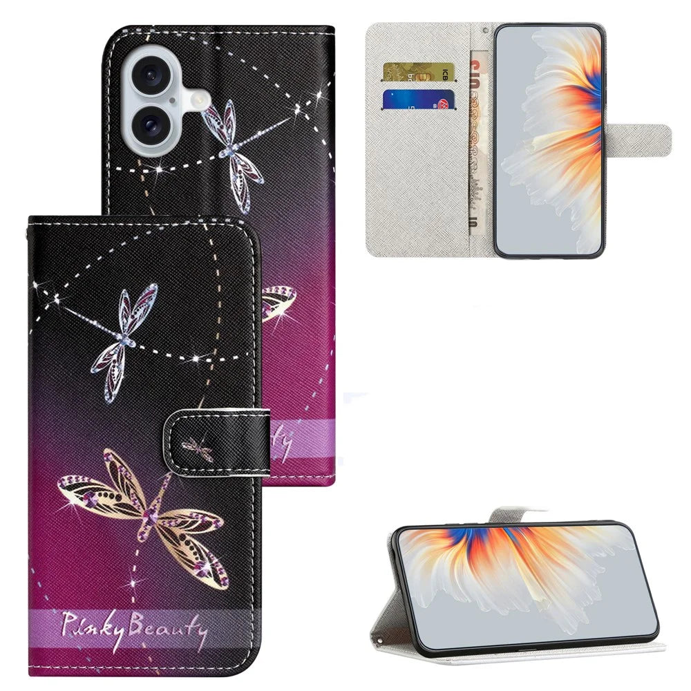 For iPhone 17 Case Pattern Print PU Leather Wallet Phone Cover Cross Texture - Dragonfly - 6