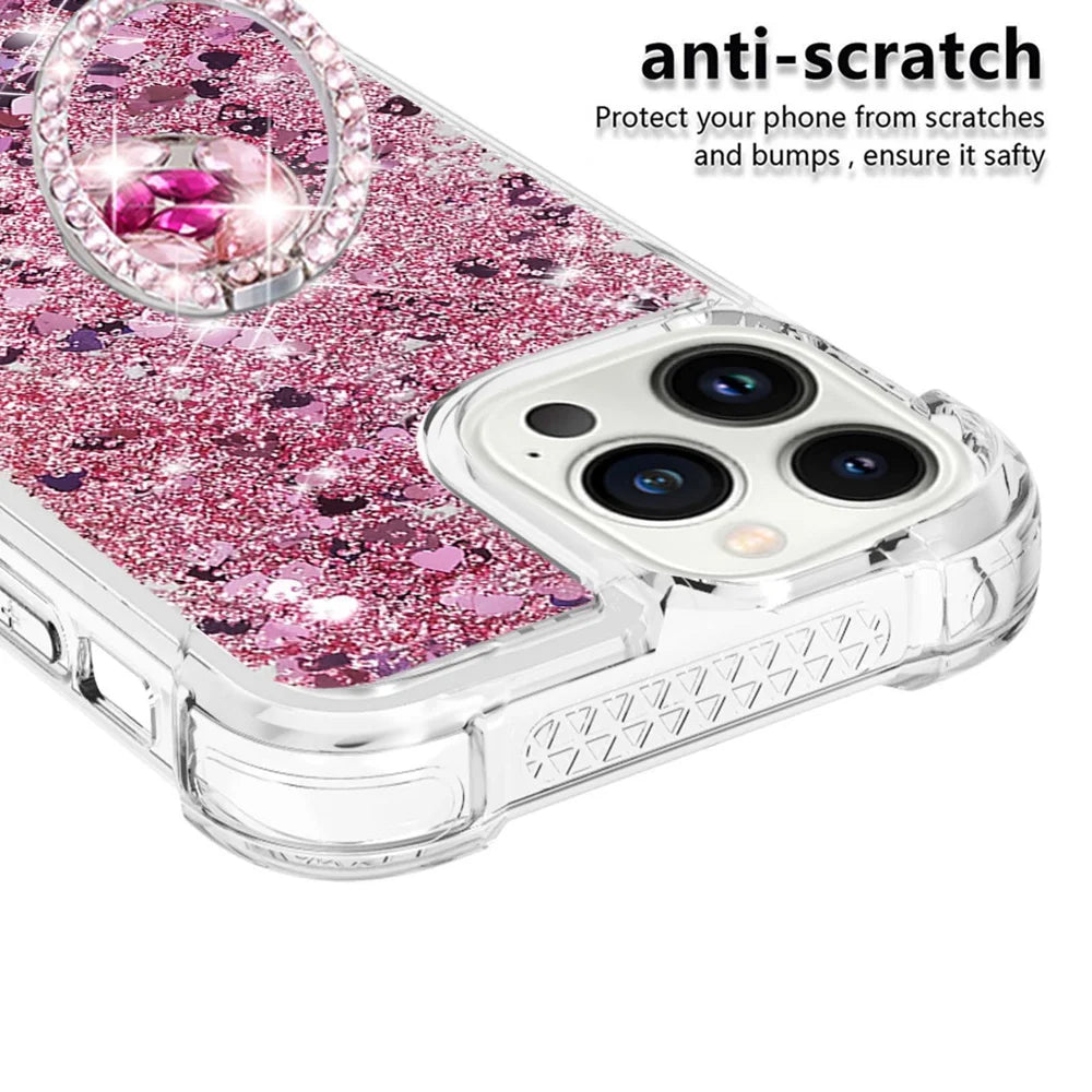 For iPhone 14 Pro TPU Case with Kickstand Quicksand Shockproof Cover - Rose Gold / Hearts - 4