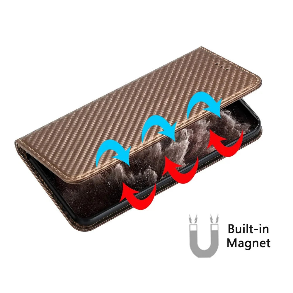 For Samsung Galaxy S23 Ultra Carbon Fiber Texture PU Leather Wallet Flip Cover Stand Magnetic Absorption Phone Case with Wrist Strap - Brown - 4