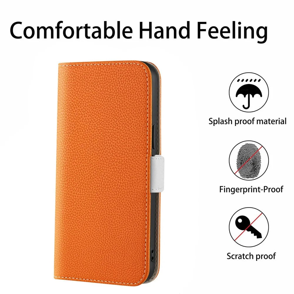 For Sony Xperia 5 IV 5G Cell Phone Cover PU Leather+TPU Litchi Texture Phone Stand Anti-fingerprint Dustproof Wallet Case - Orange - 6