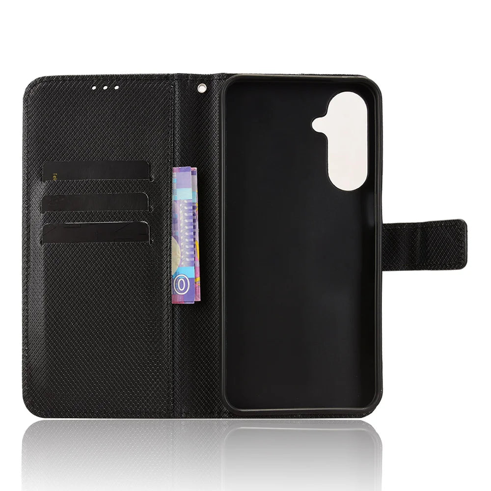 For Samsung Galaxy M36 5G Leather Wallet Case with Strap Diamond Texture Phone Cover - Black - 5