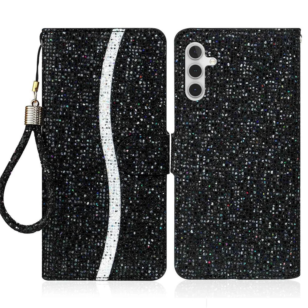 For Samsung Galaxy A14 5G / 4G Phone Case Glittery Powder PU Leather Foldable Stand Wallet Style Flip Shell with Wrist Strap - Black - 1
