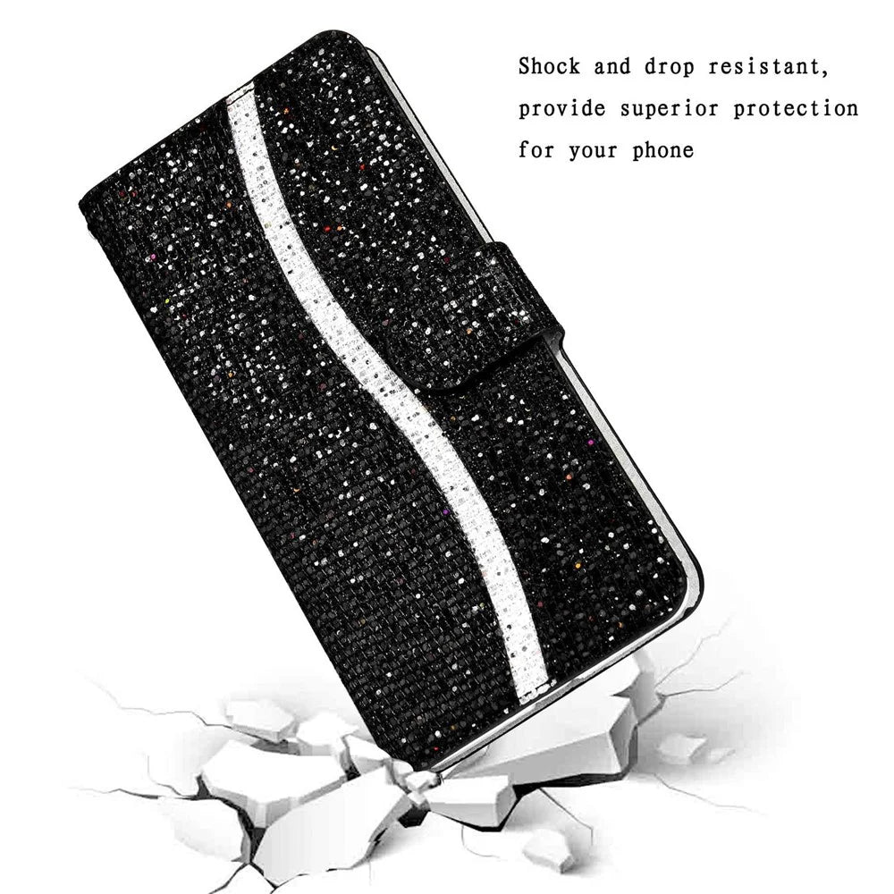 For Samsung Galaxy A14 5G / 4G Phone Case Glittery Powder PU Leather Foldable Stand Wallet Style Flip Shell with Wrist Strap - Black - 4