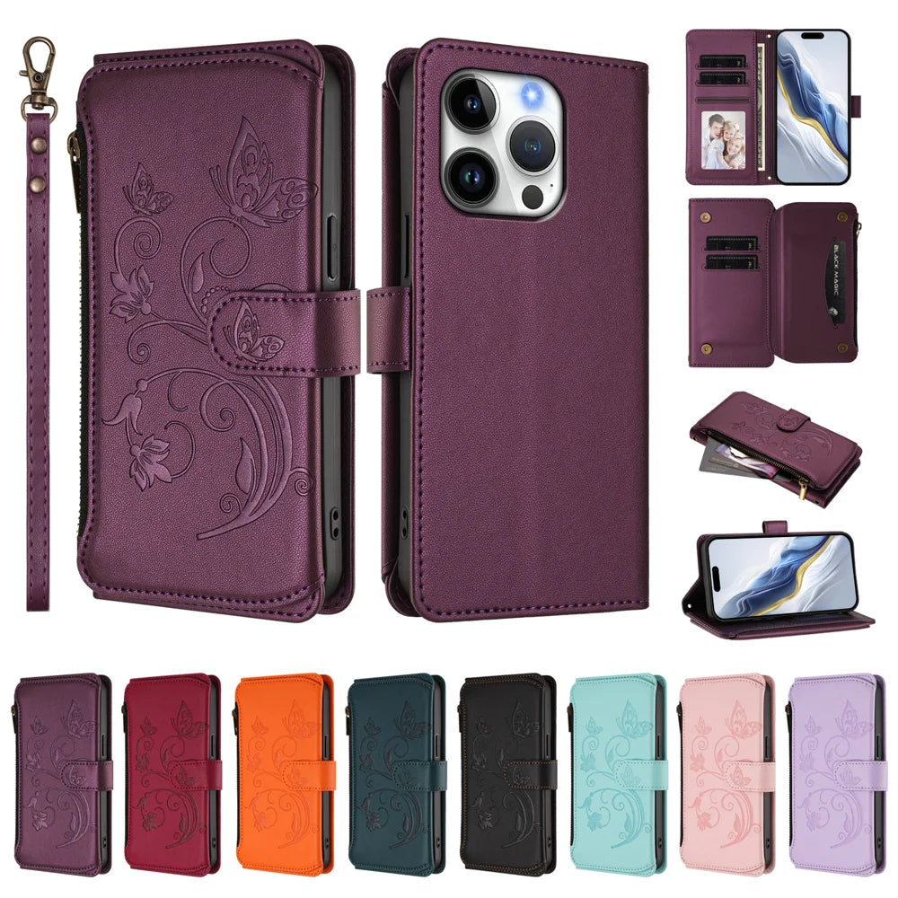 For iPhone 16 Pro Leather Case Butterfly Floral Imprint Zipper Wallet Stand Cover with Wrist Strap - Purple - 4