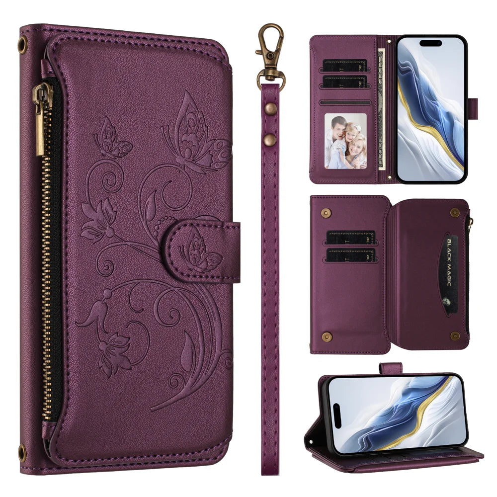 For iPhone 16 Pro Leather Case Butterfly Floral Imprint Zipper Wallet Stand Cover with Wrist Strap - Purple - 5