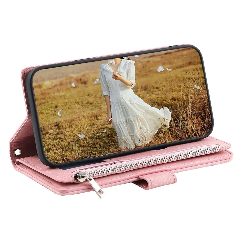 For iPhone 18 Pro Max / 17 Pro Max Wallet Case Rhombus Stitching Line PU Leather Phone Cover with Wrist Strap - Rose Gold - 2