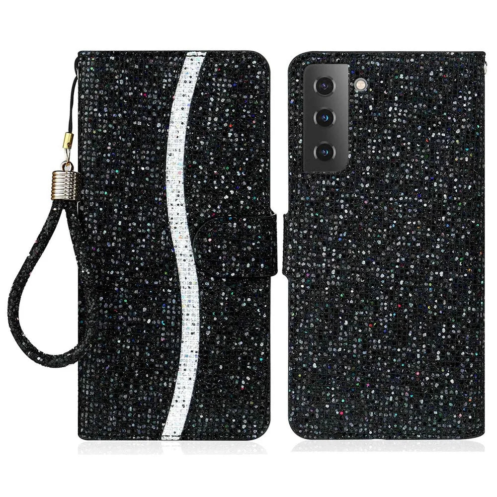 For Samsung Galaxy S23+ Splicing Design PU Leather Glitter Bling Phone Case Foldable Stand Wallet Drop-proof Cover with Hand Strap - Black - 1