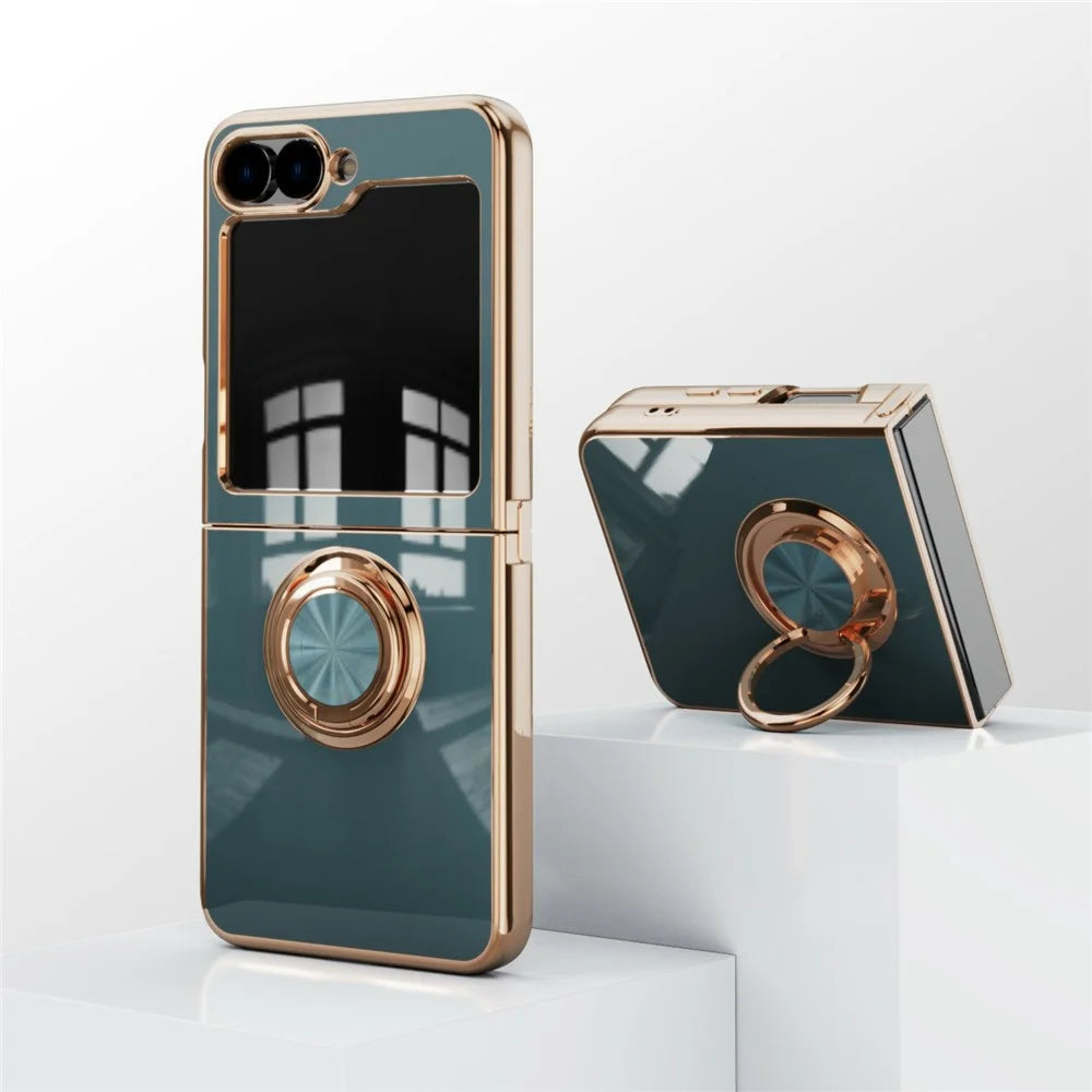 For Samsung Galaxy Z Flip7 5G Case Precise Cutouts 6D Electroplating TPU Phone Cover with Ring Holder - Grey - 5