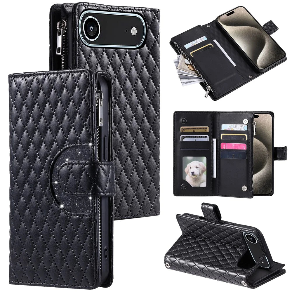 For iPhone Air Case Zipper Pocket Glitter Leather Phone Cover with Wrist Strap - Black - 1