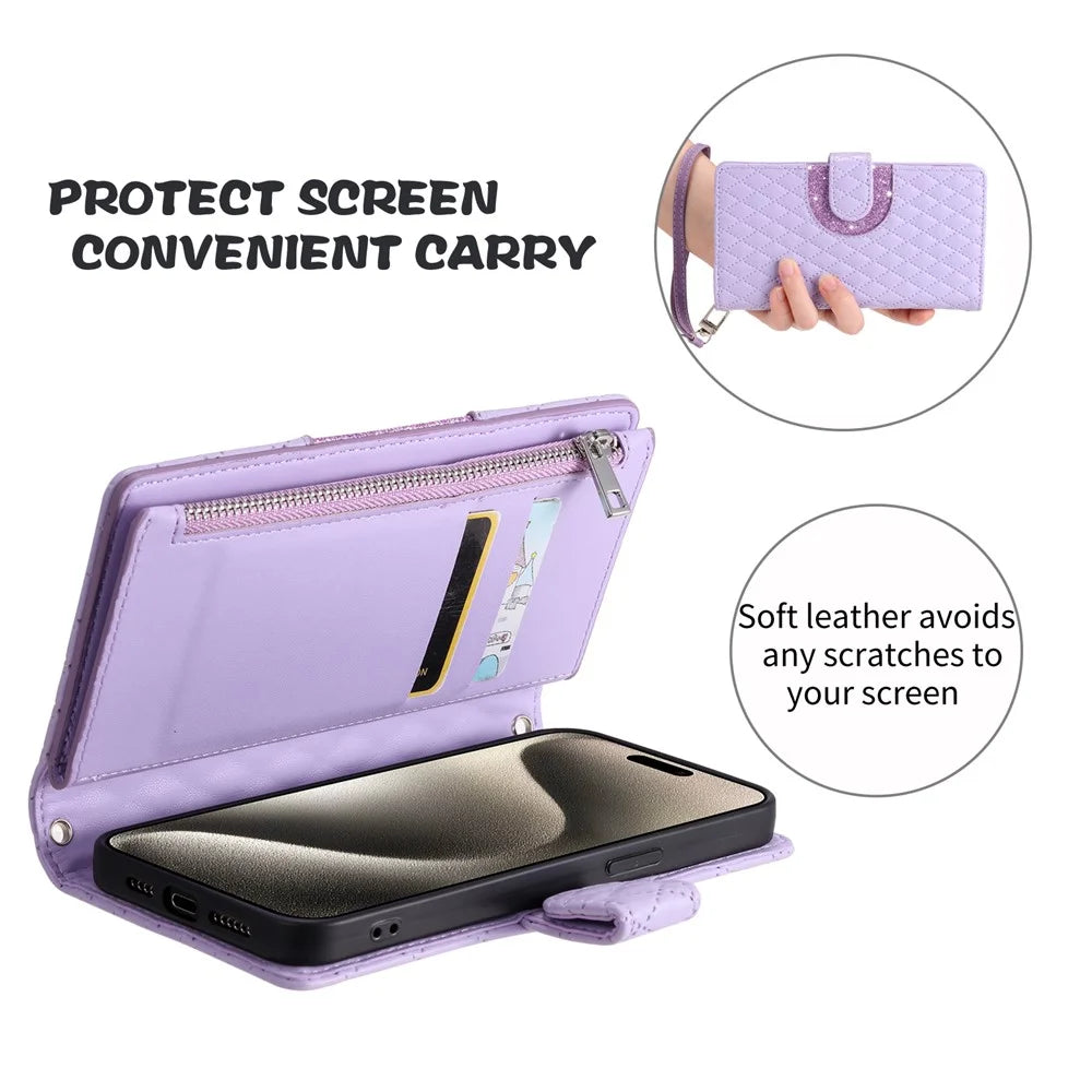 For iPhone 18 Pro / 17 Pro Case Zipper Pocket Glitter Leather Phone Cover with Wrist Strap - Purple - 7