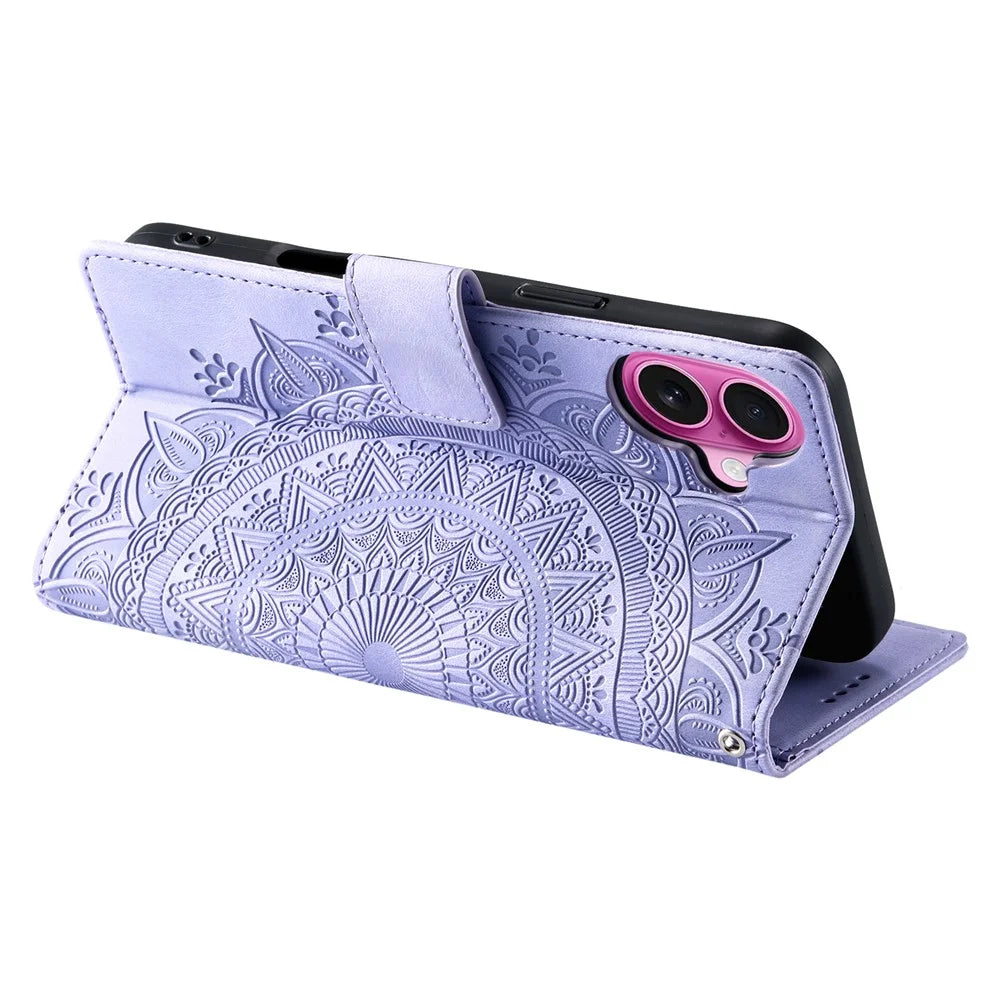 For iPhone 17 Case Imprinted Totem Skin Feel Wallet Leather Phone Cover with Hand Strap - Purple - 4