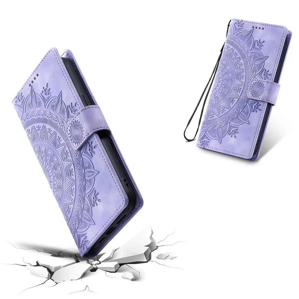 For iPhone 17 Case Imprinted Totem Skin Feel Wallet Leather Phone Cover with Hand Strap - Purple - 6