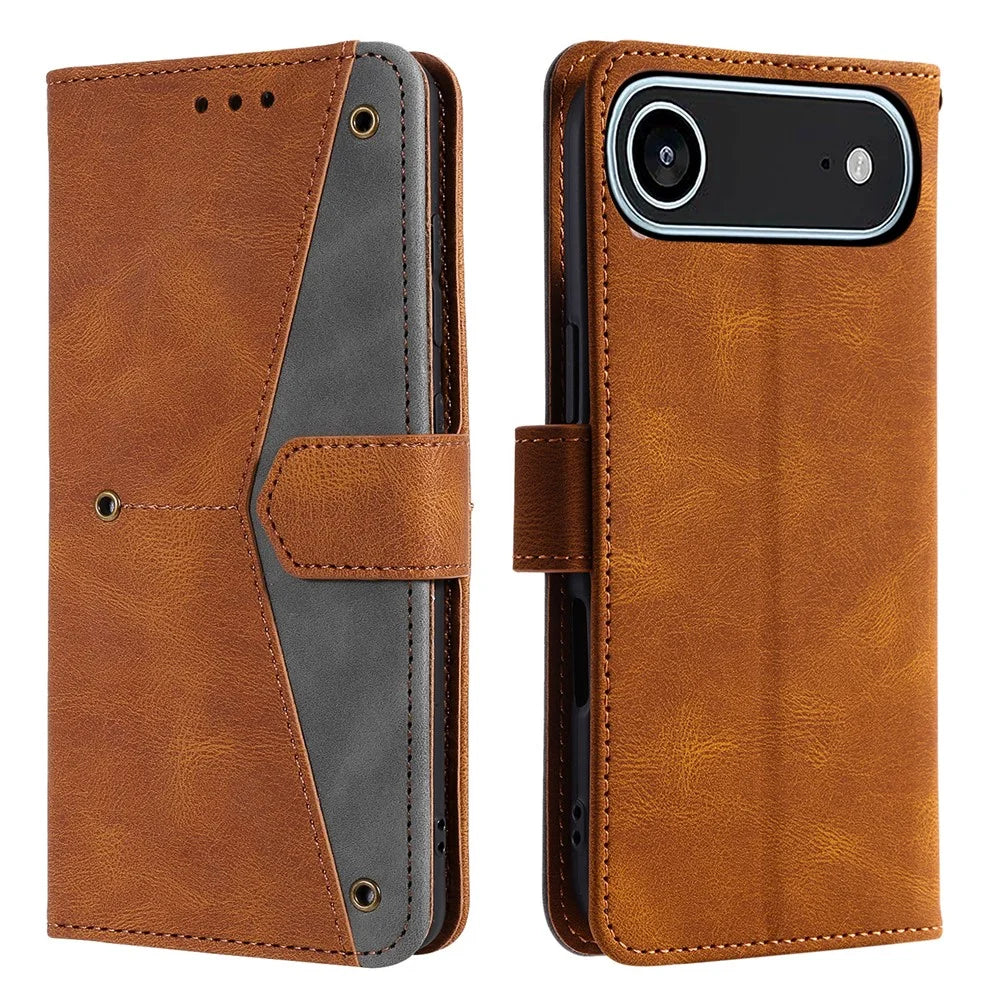 For iPhone Air Leather Case Splicing Stitching Wallet Phone Cover with Wrist Strap - Brown - 6